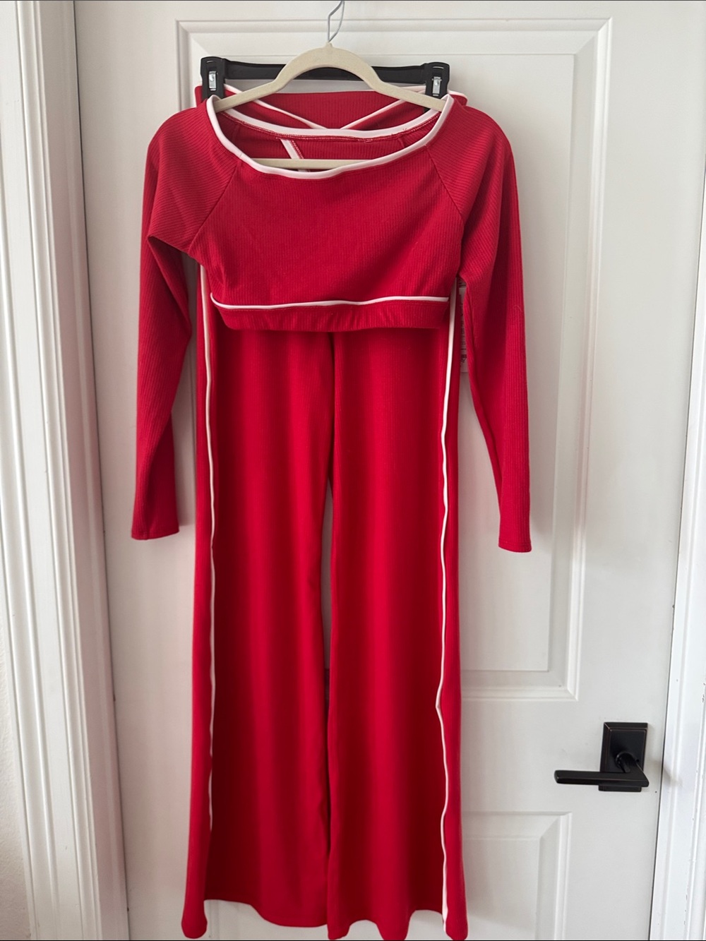 Tiger Friday Red Ribbed Wide-Leg Jumpsuit with White Trim